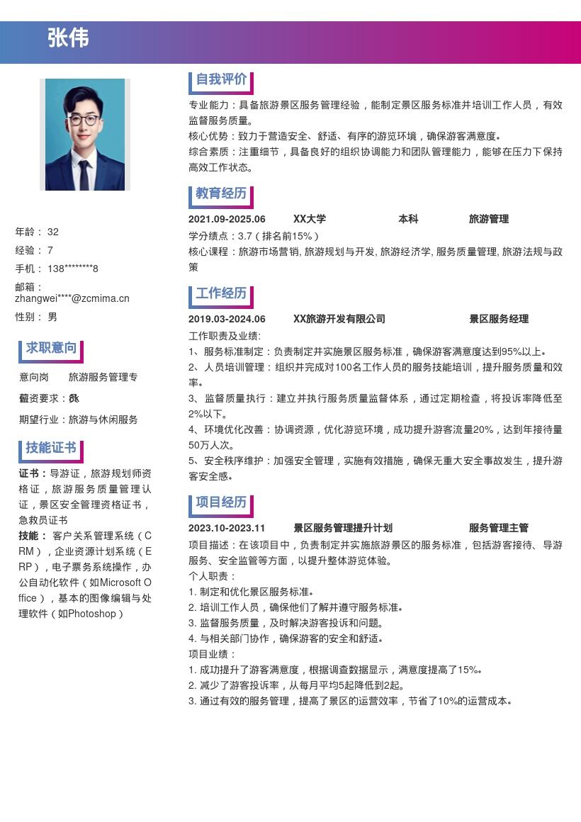 旅游景区服务管理岗位简历模板
