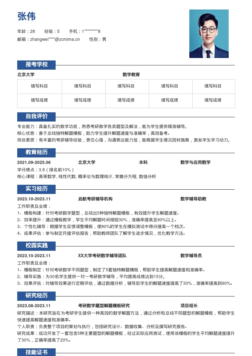 考研数学辅导岗位独特解题简历模板