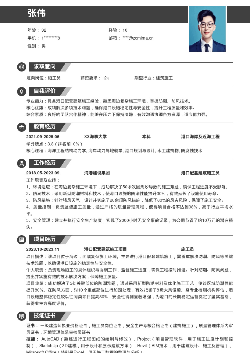 港口配套建筑施工员简历模板含技术成果 