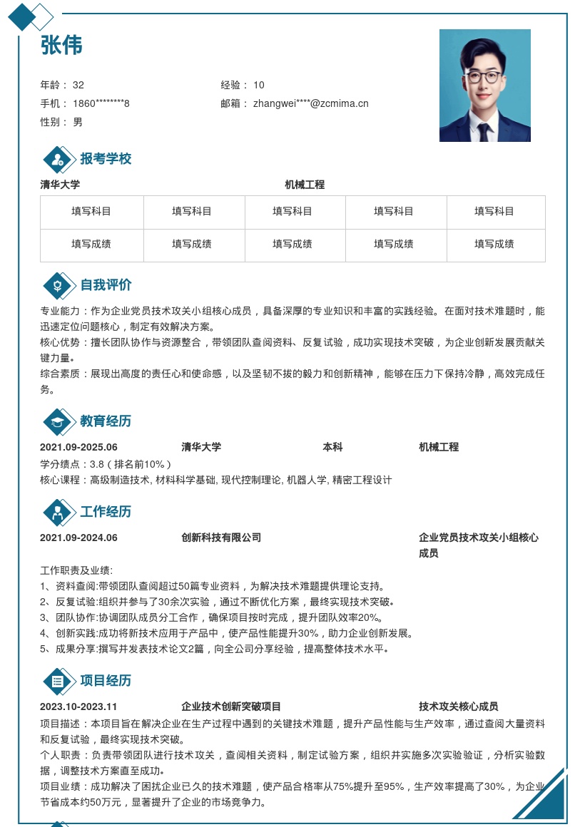 企业党员技术攻关小组核心成员简历模板