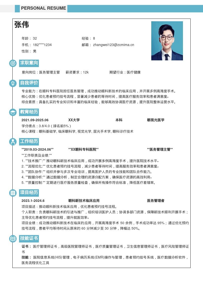 眼科专科医院医务管理简历模板含亮点 