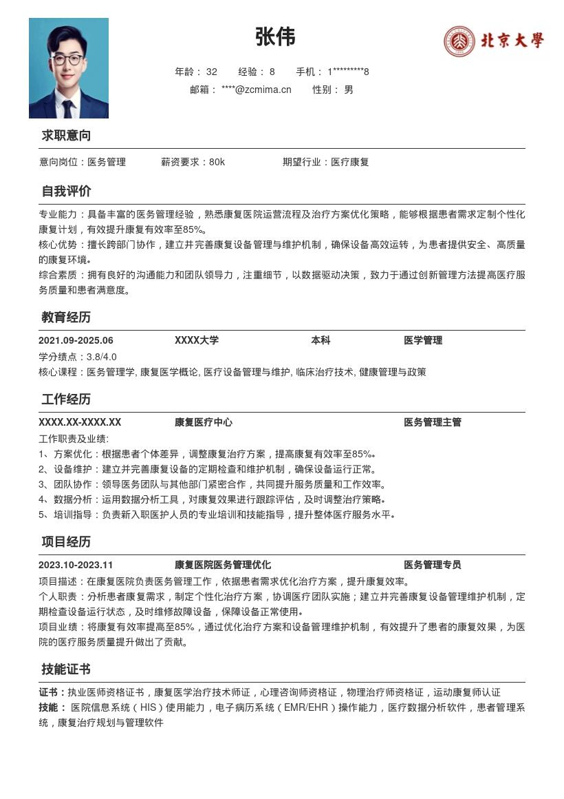 康复医院医务管理岗位简历模板含成果 