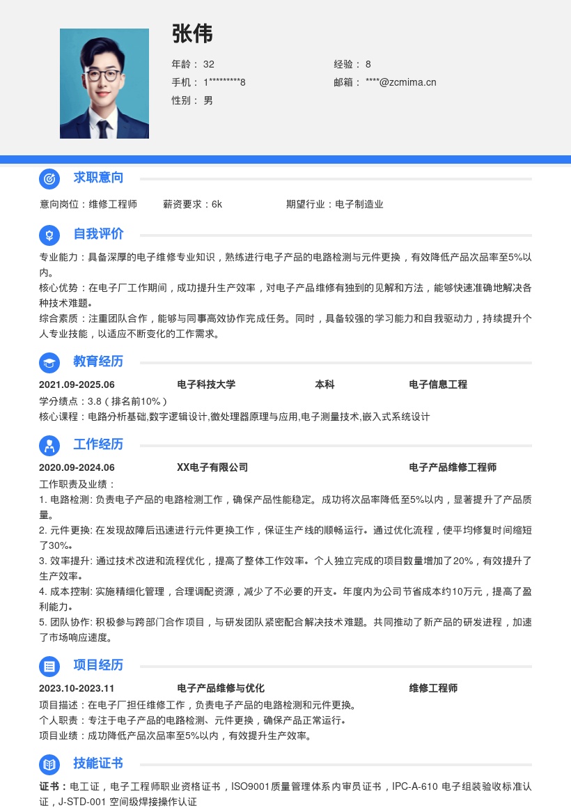 电子厂维修岗位突出成果的简历模板