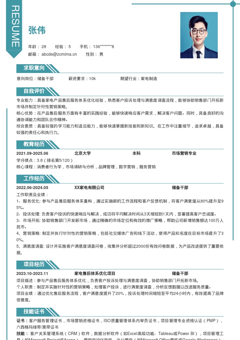 家电企业储备干部参与售后及销售简历模板