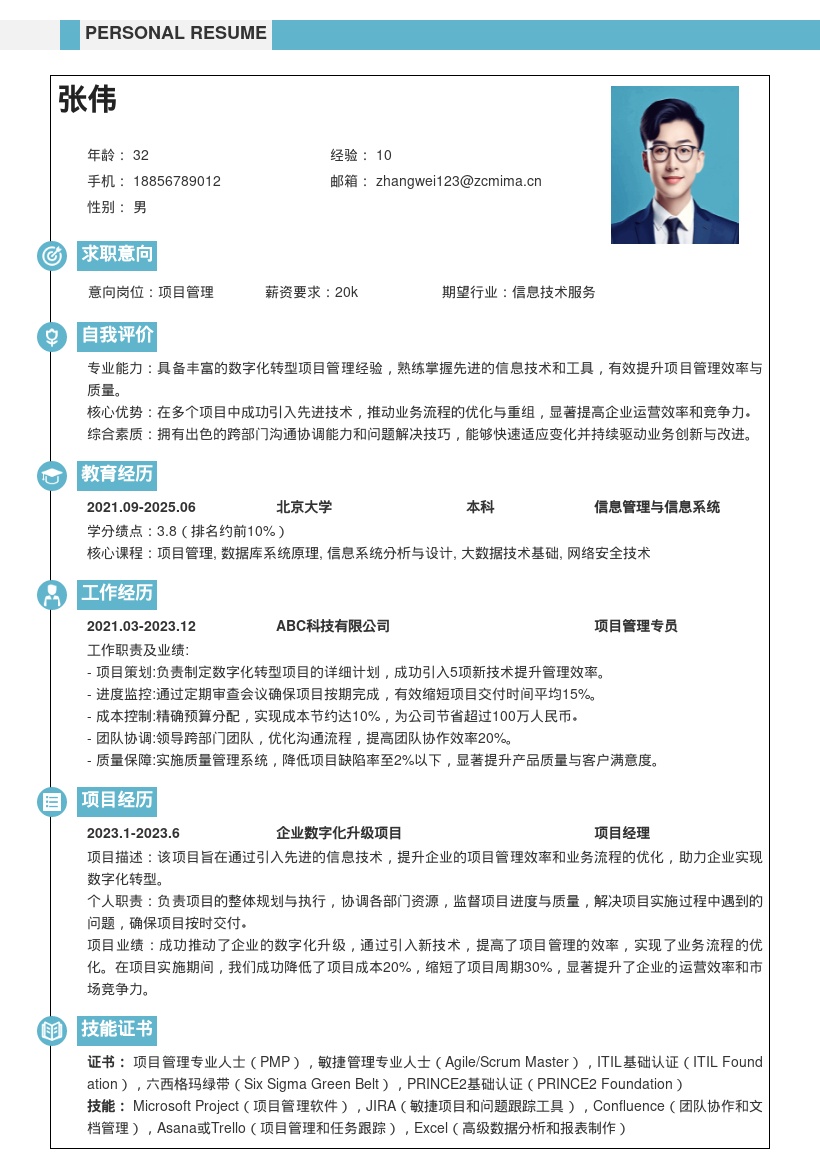 数字化转型项目管理岗位简历模板