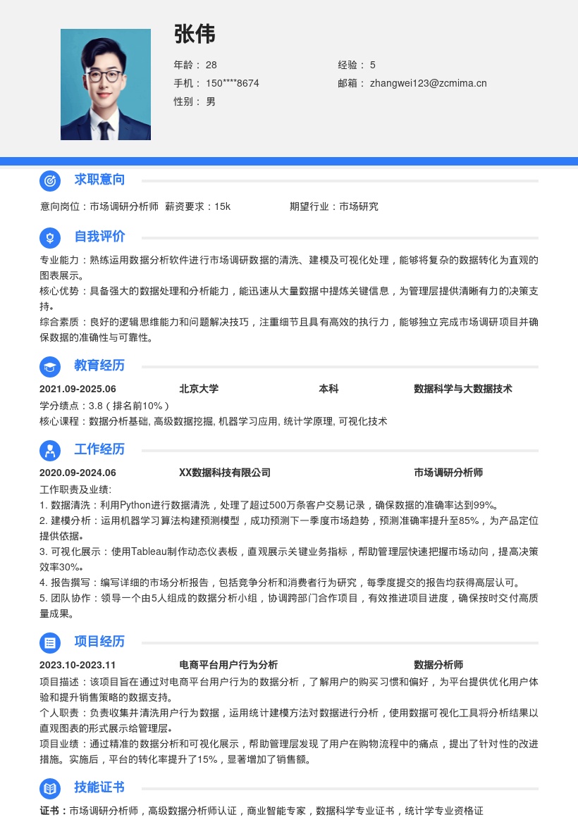 市场调研岗数据分析可视化简历模板