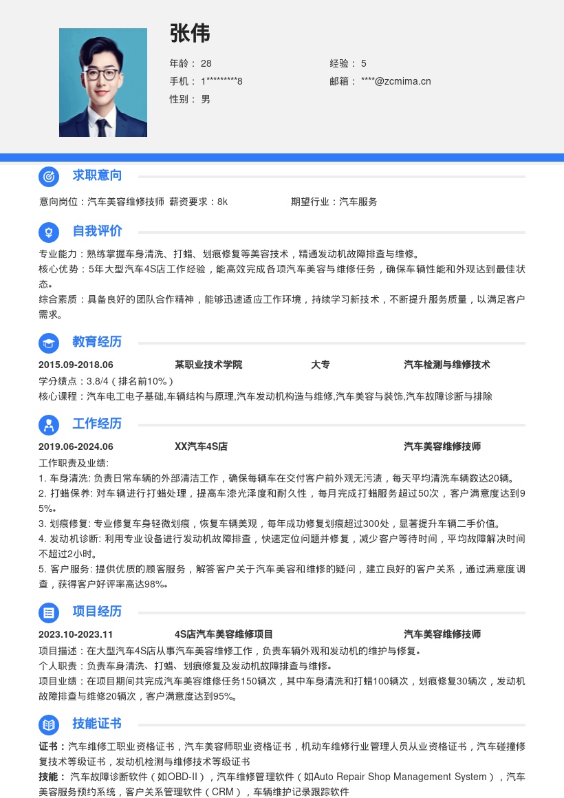 汽车美容维修岗位5年经验简历模板