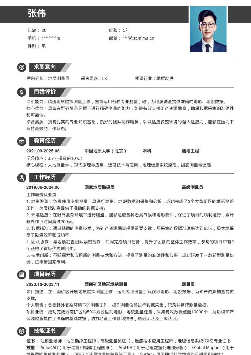 地质勘探测量员岗位简历模板含野外能力 