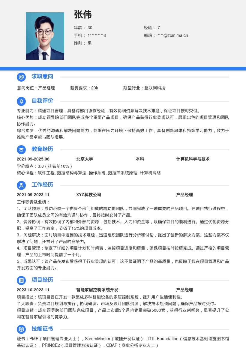 产品经理带领跨部门团队项目简历模板