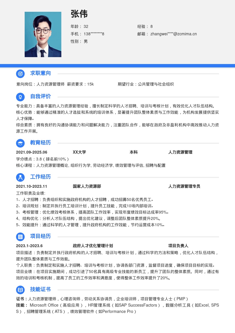 政府机构人力资源岗人才管理简历模板