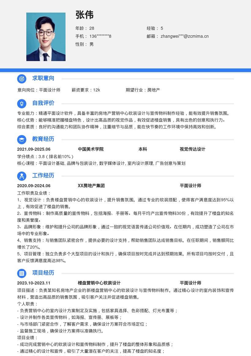 房地产平面设计含软装物料经验简历模板