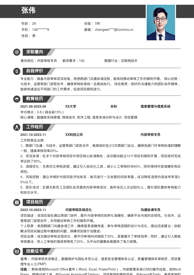 内容审核岗位跨部门协作简历模板