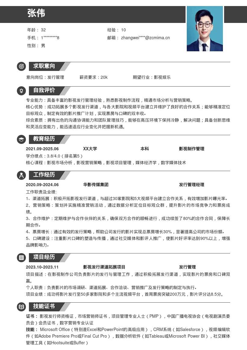 影视制作公司发行管理简历模板 