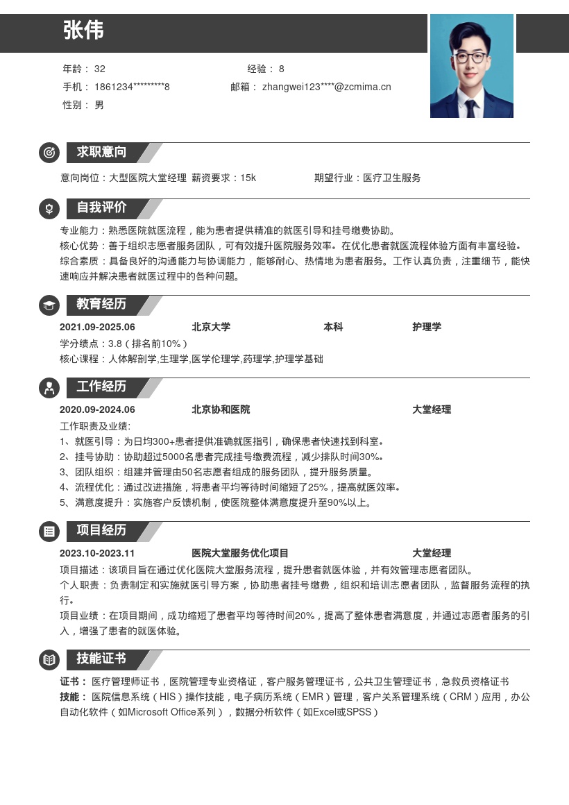 大型医院大堂经理优化就医体验简历模板