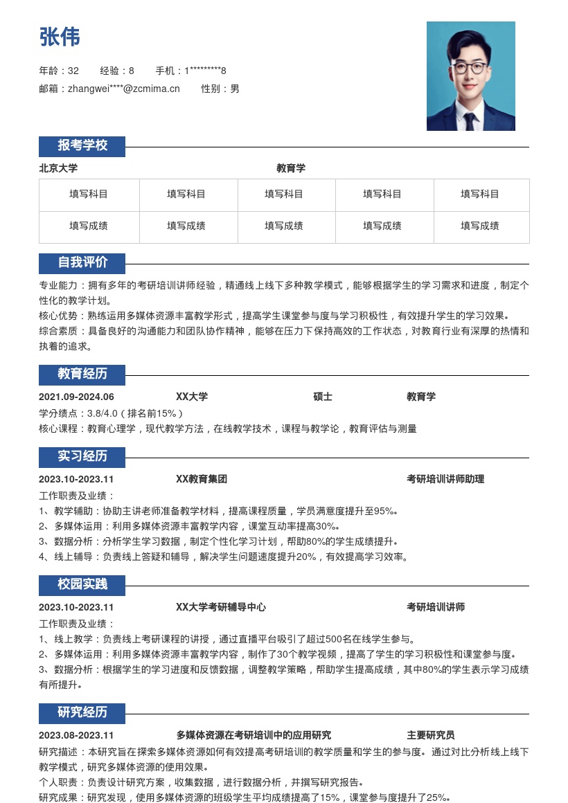 考研培训讲师丰富教学经验简历模板