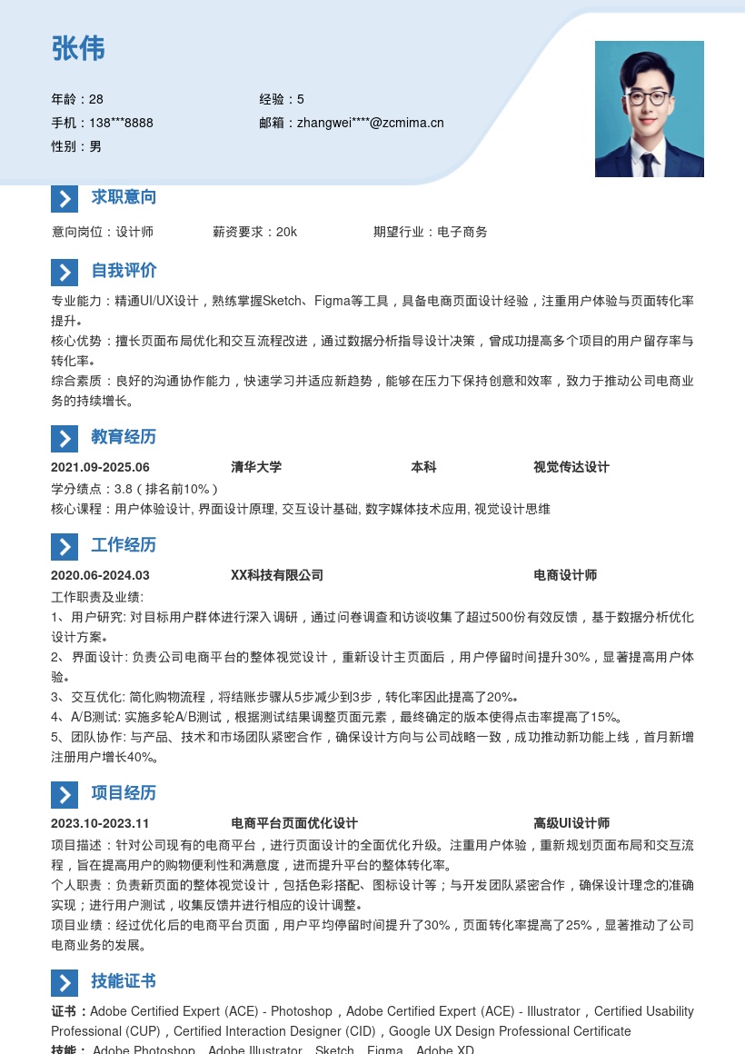 电商平台页面设计师简历模板含用户体验 