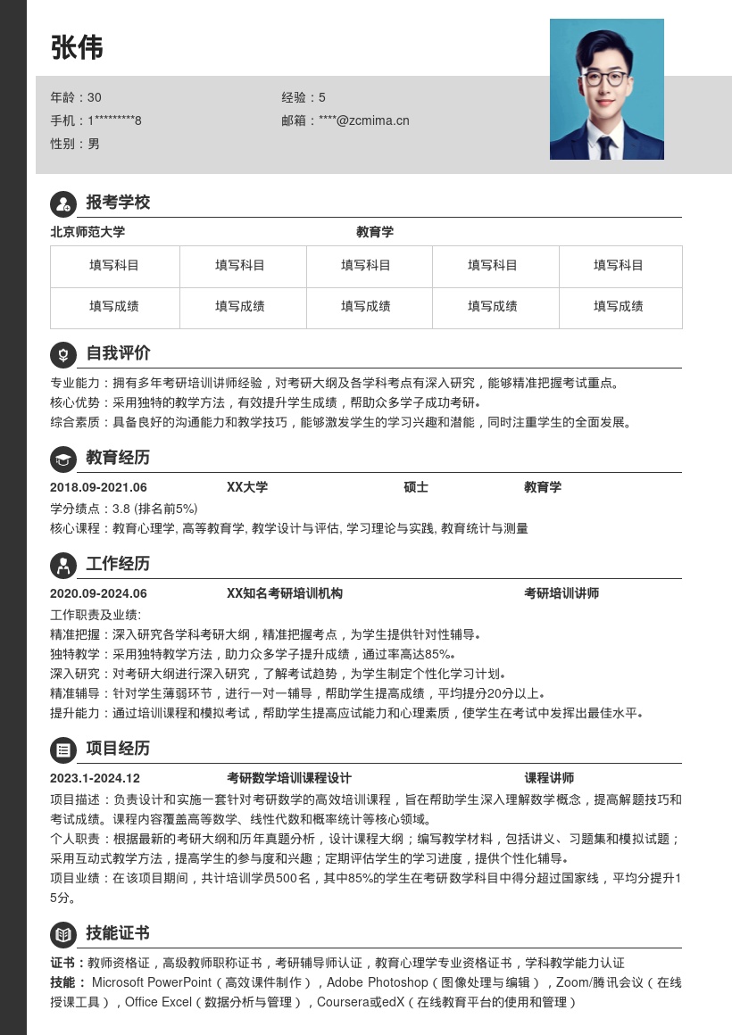 考研培训讲师突出教学成果简历模板