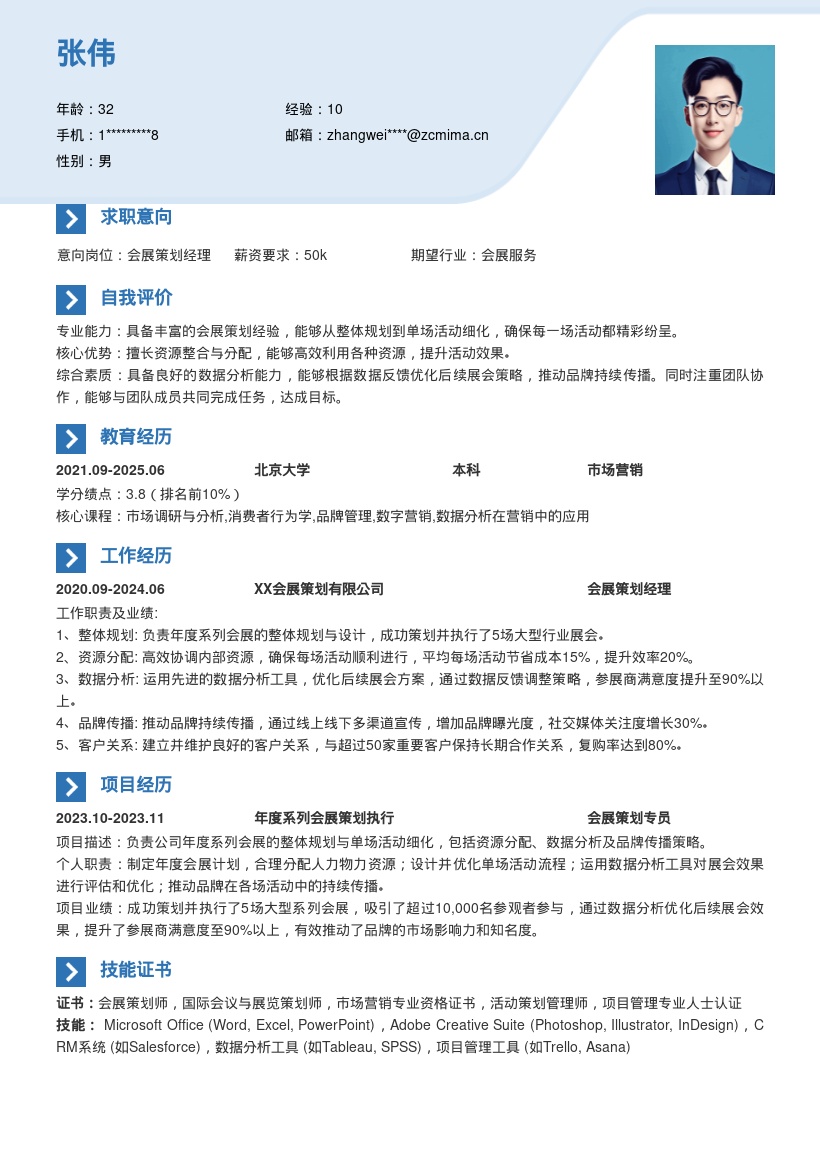 会展策划岗位年度系列会展简历模板