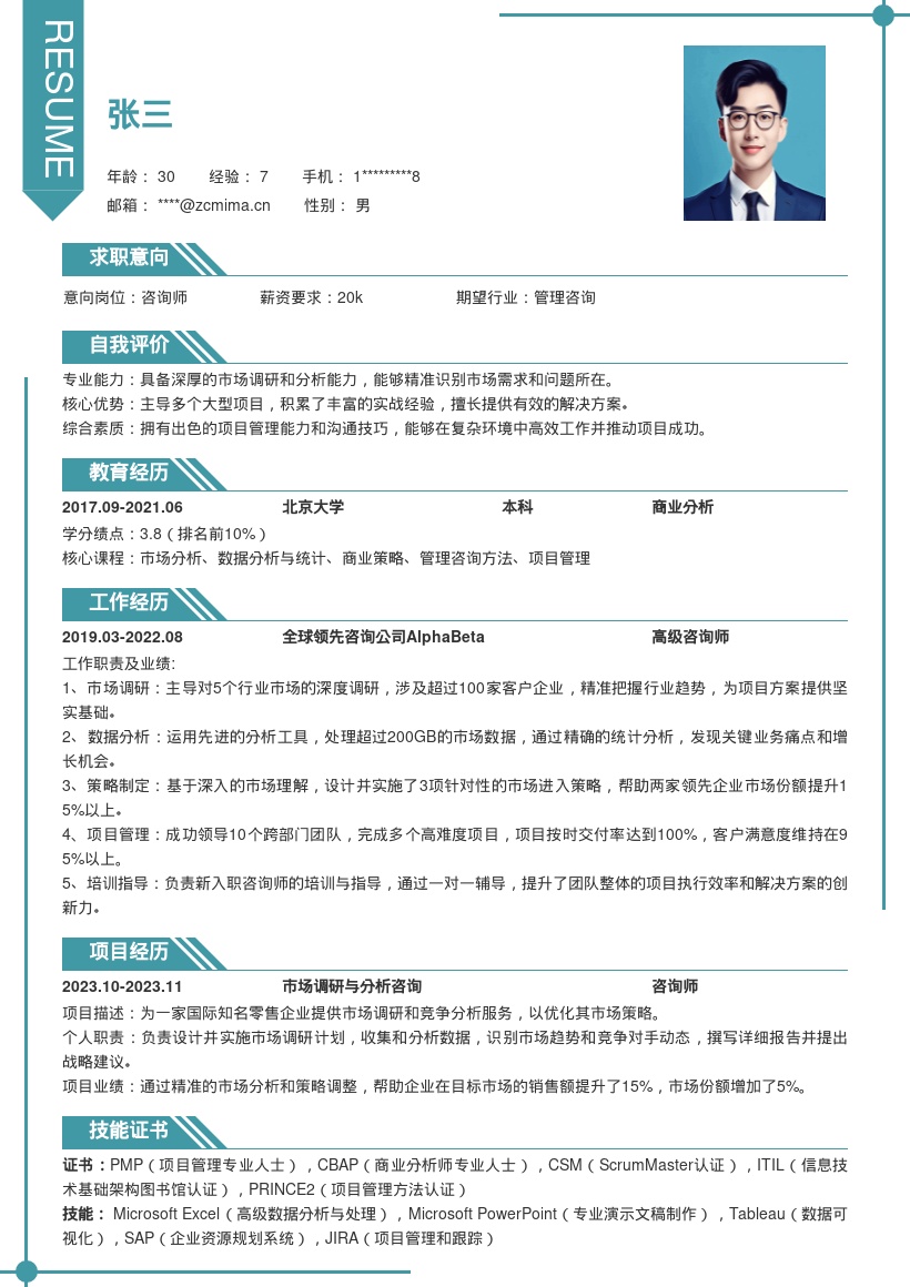 超牛咨询师丰富实战经验简历模板