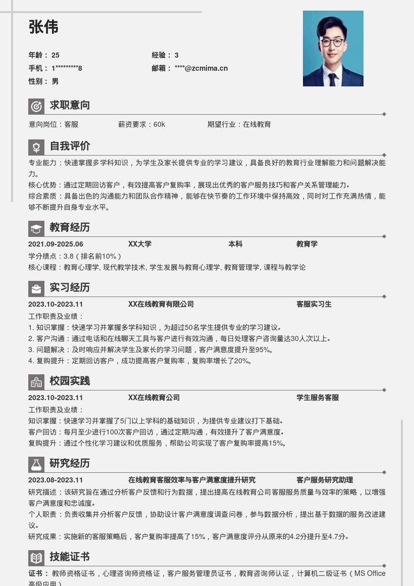 在线教育客服简历模板含多学科建议复购成果 