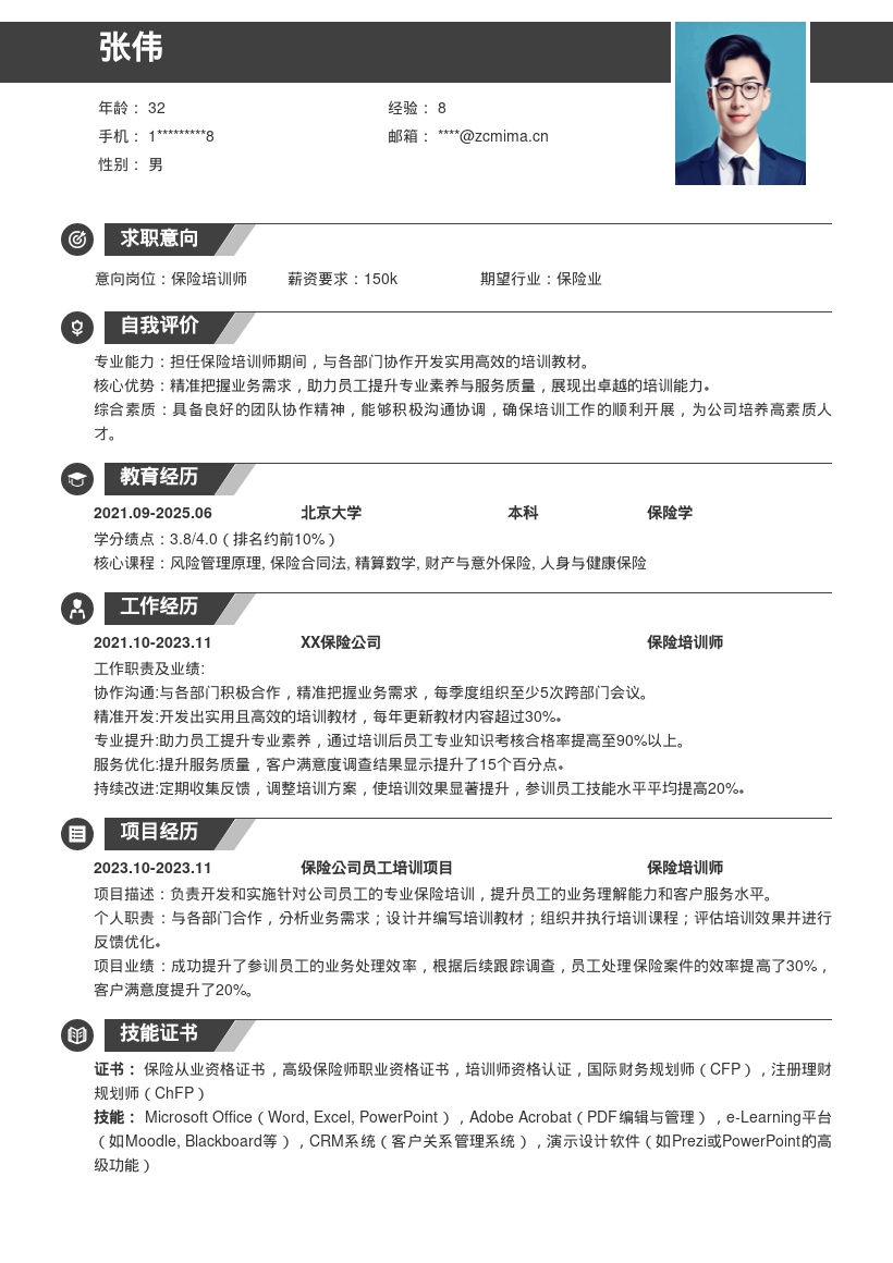 保险培训师突出协作开发教材简历模板