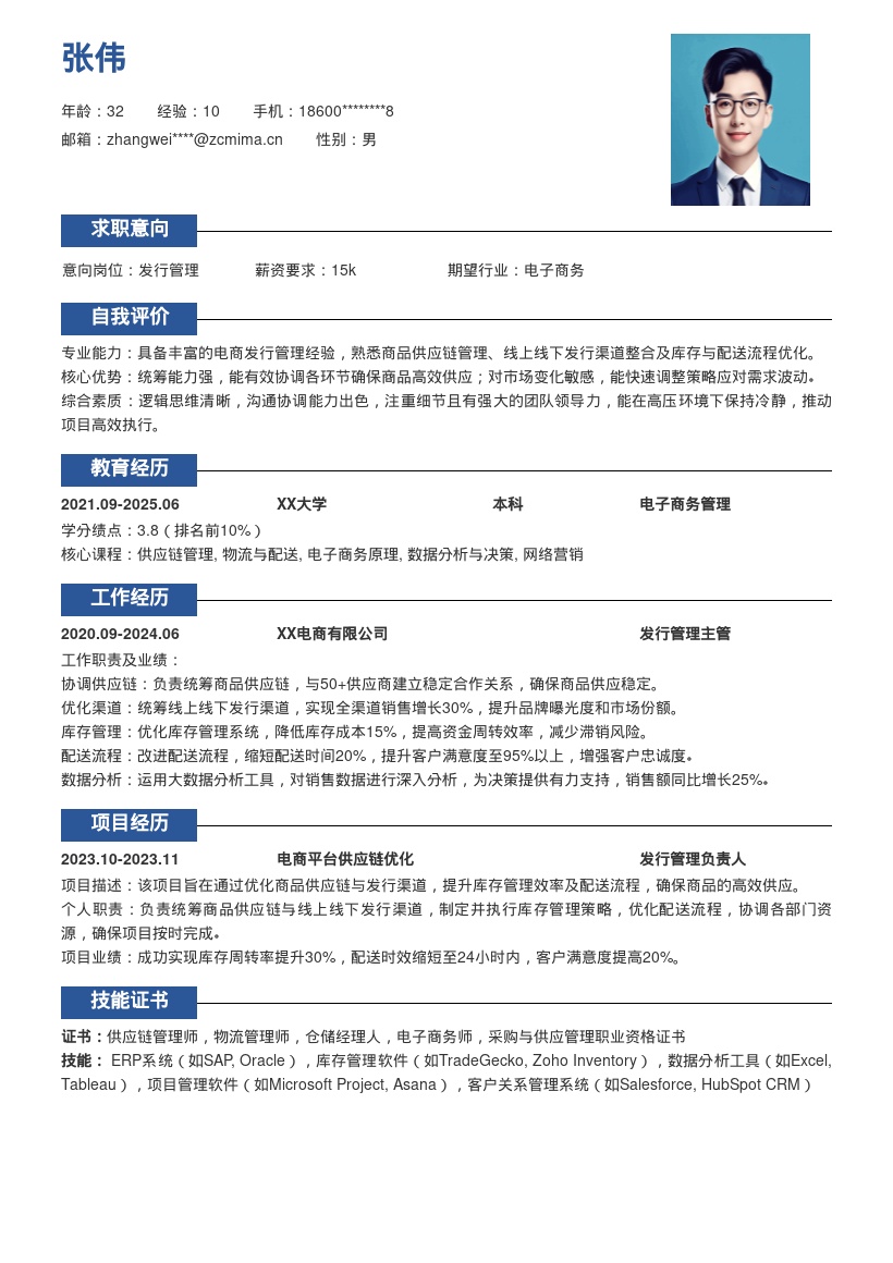 电商企业发行管理简历模板含供应链要点 