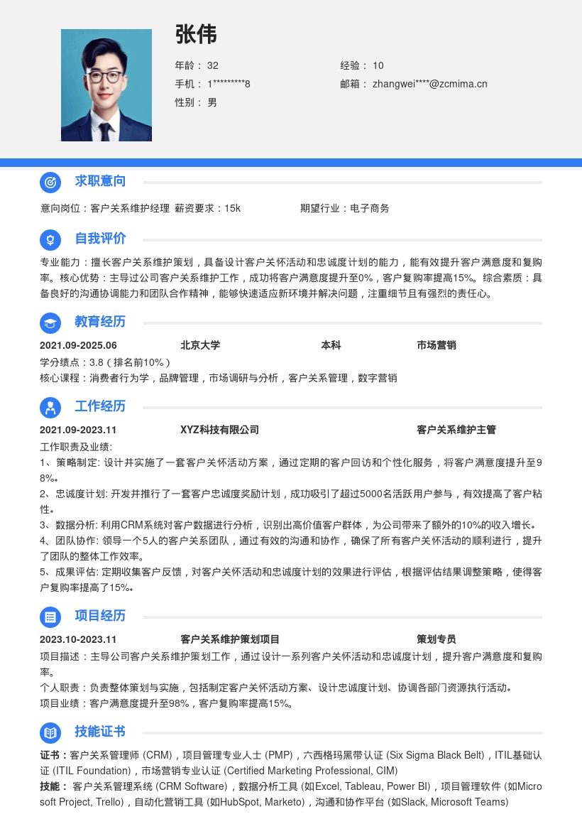 客户关系维护策划简历模板含成效亮点 