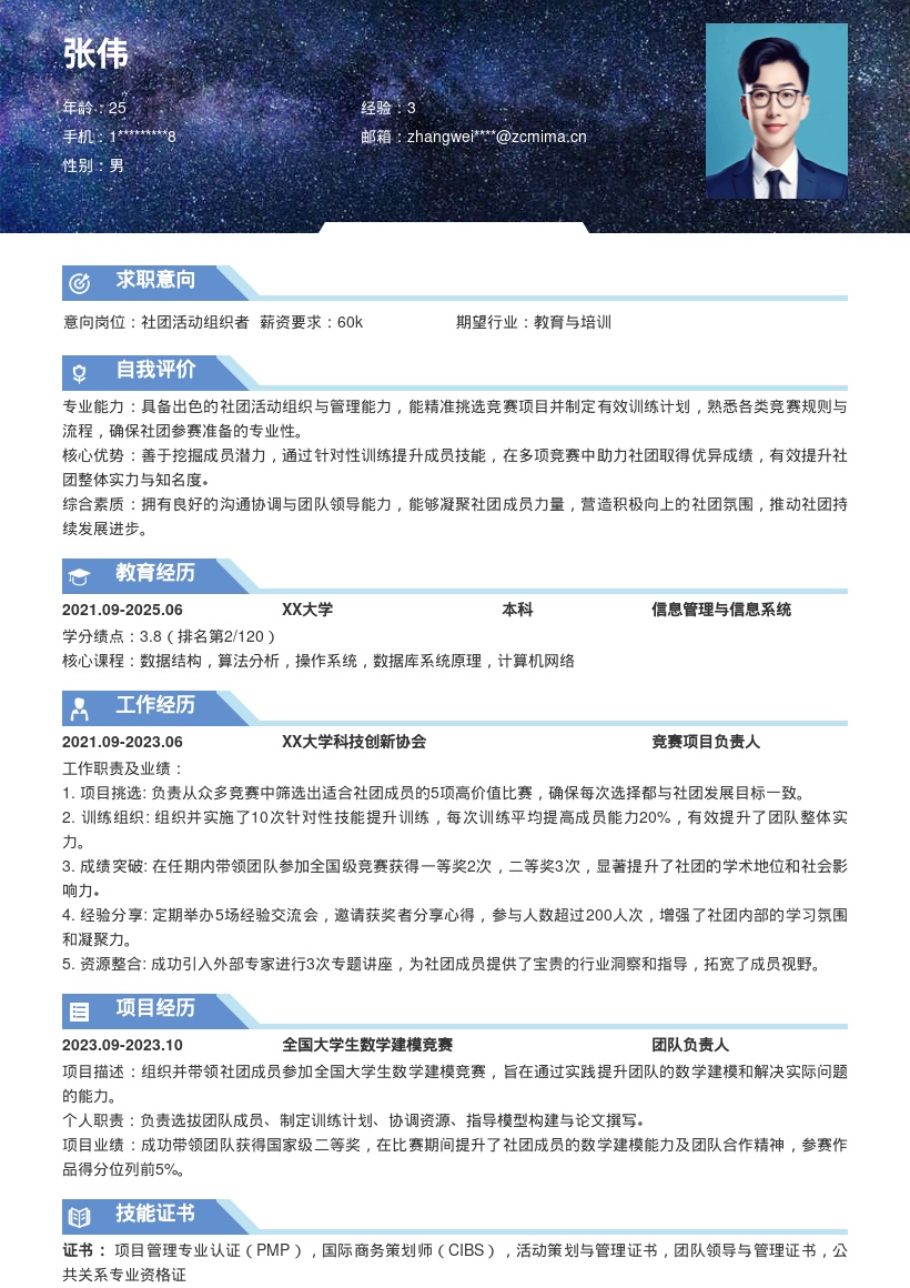 社团负责人带领竞赛提升实力简历模板