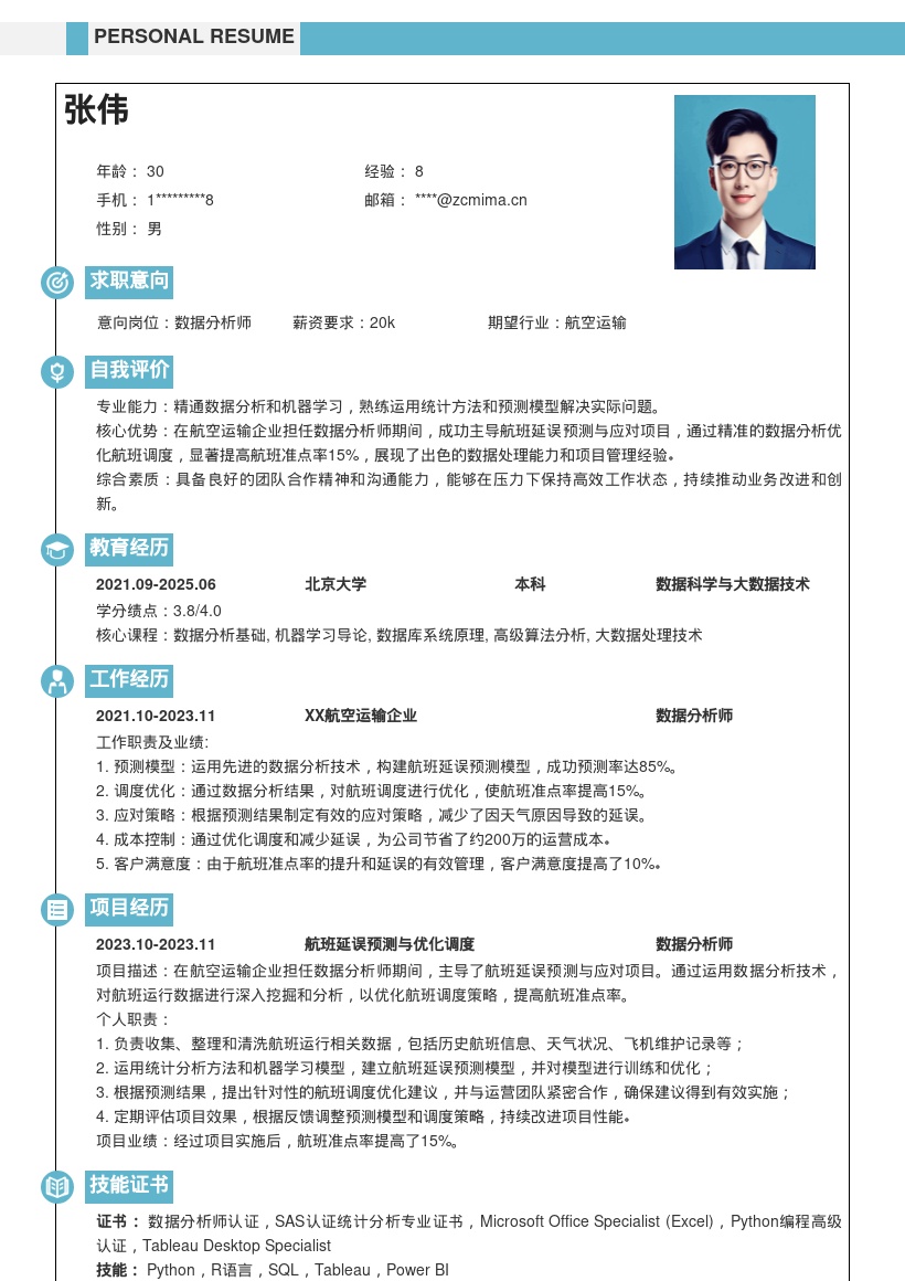 航空运输数据分析师航班项目简历模板