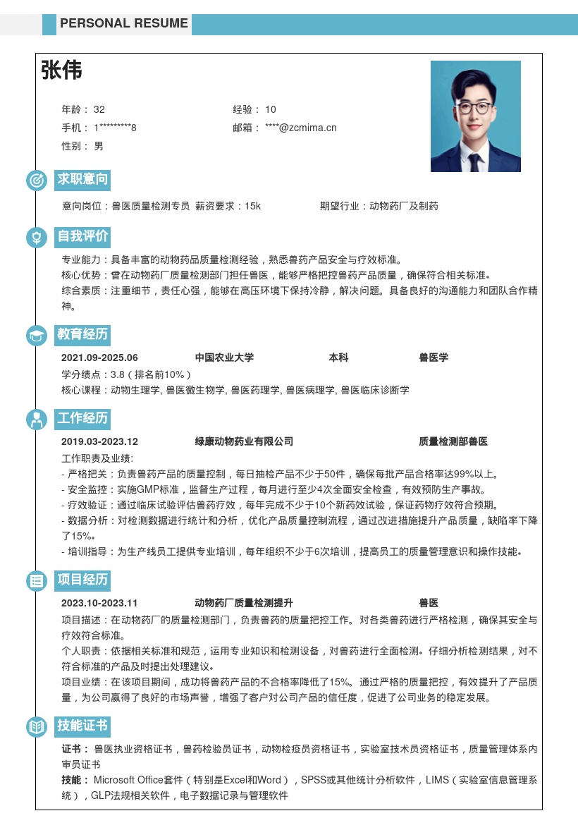 动物药厂质量检测兽医简历模板