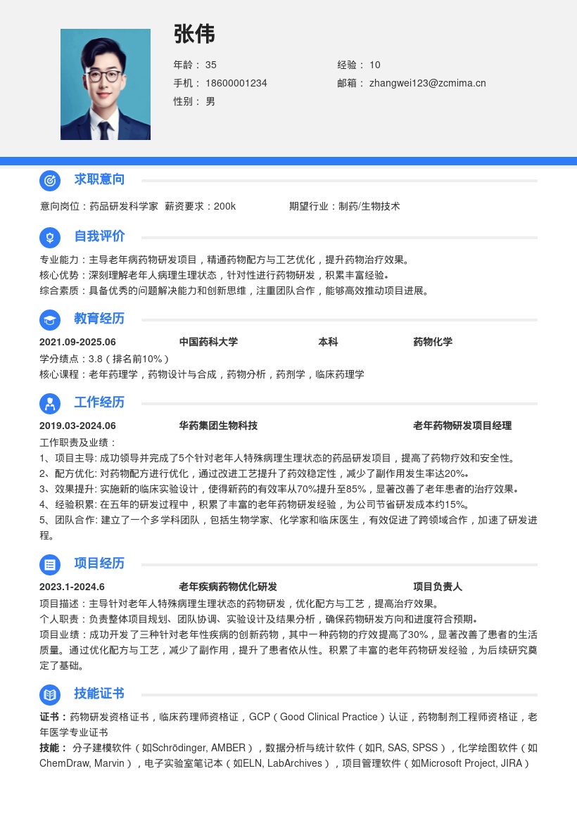 老年病药品研发岗位丰富经验简历模板