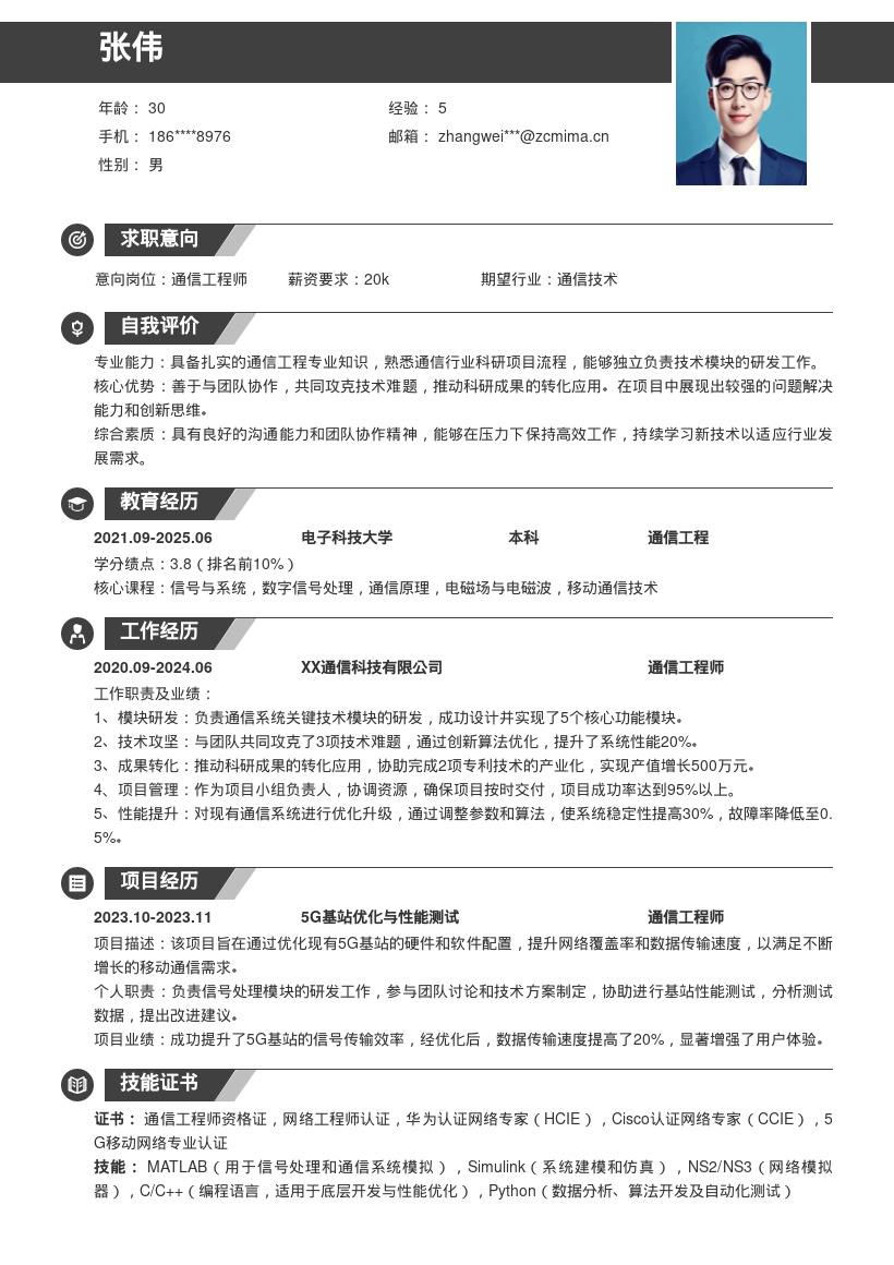 通信工程师参与科研项目简历模板