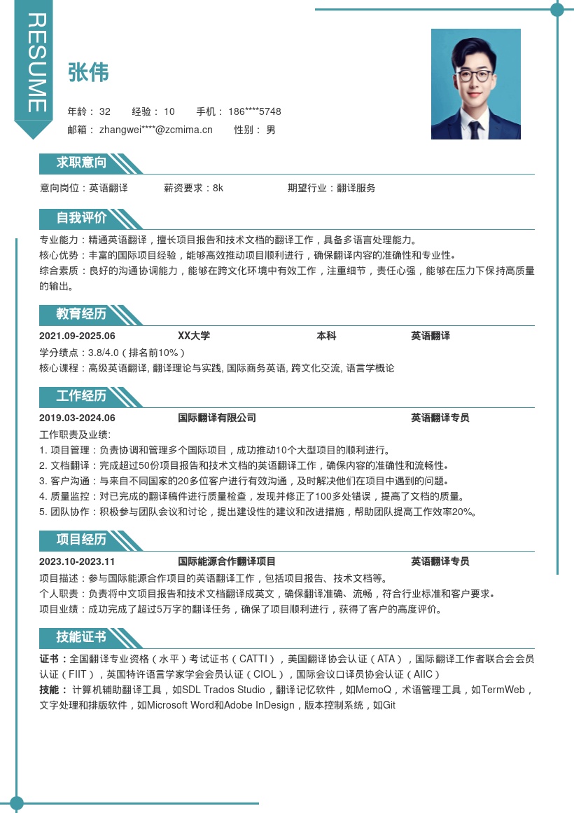 20多套英语翻译岗位简历模板合集word版