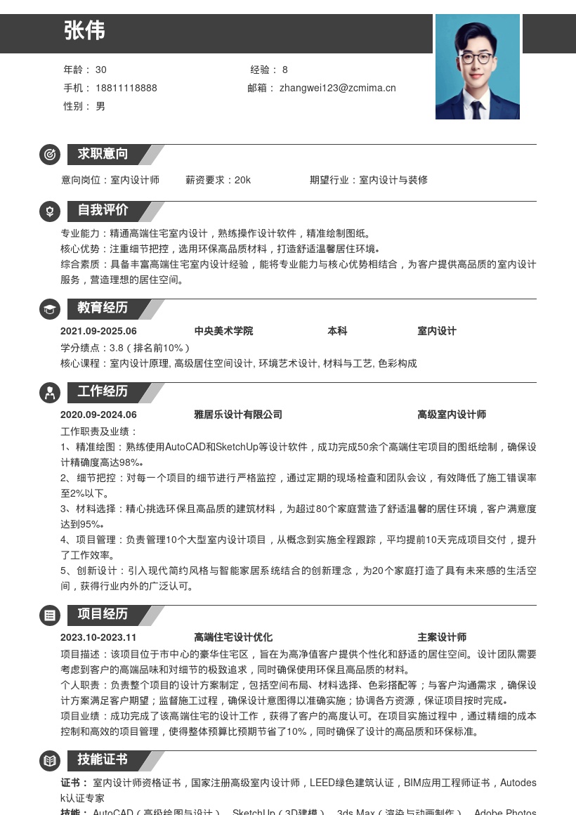 20多套室内设计岗位简历模板合集word版