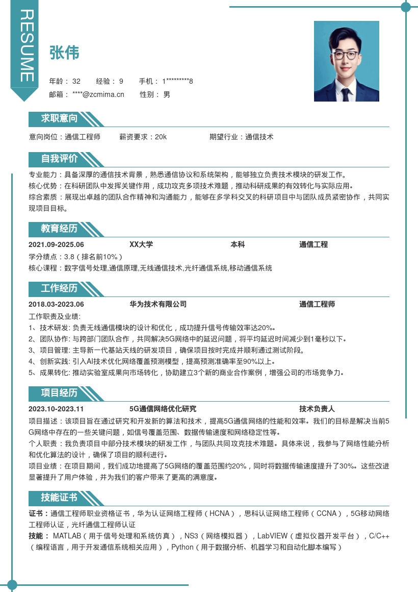 通信工程师参与科研项目简历模板