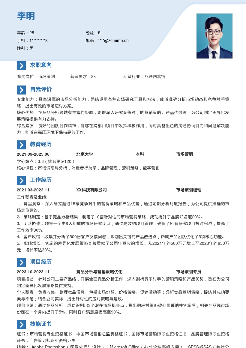 市场策划简历模板含竞品分析应对策略 