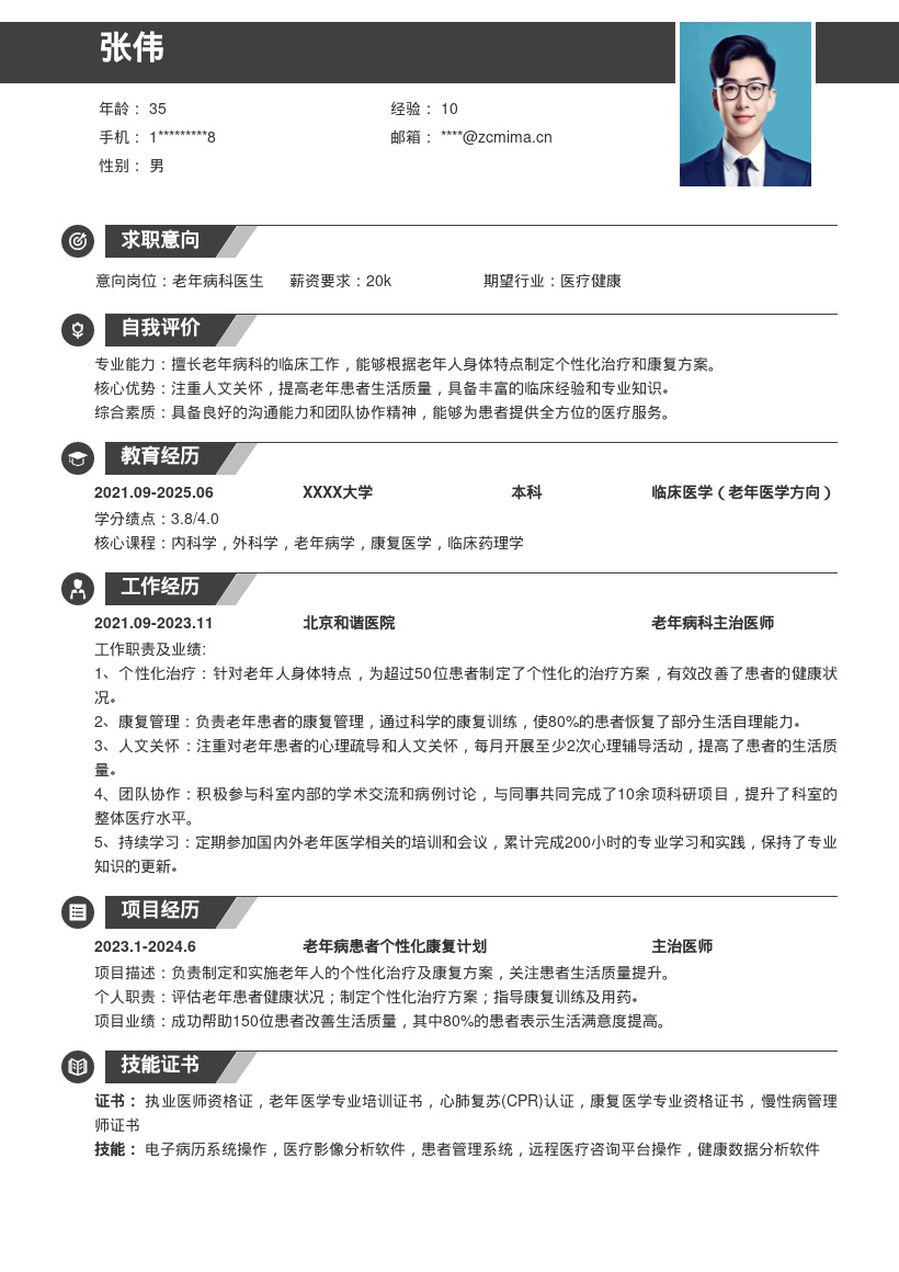 老年病科医生注重人文关怀简历模板