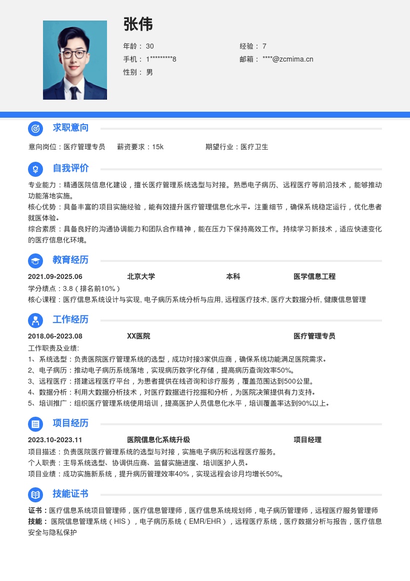 医疗管理岗位信息化建设简历模板