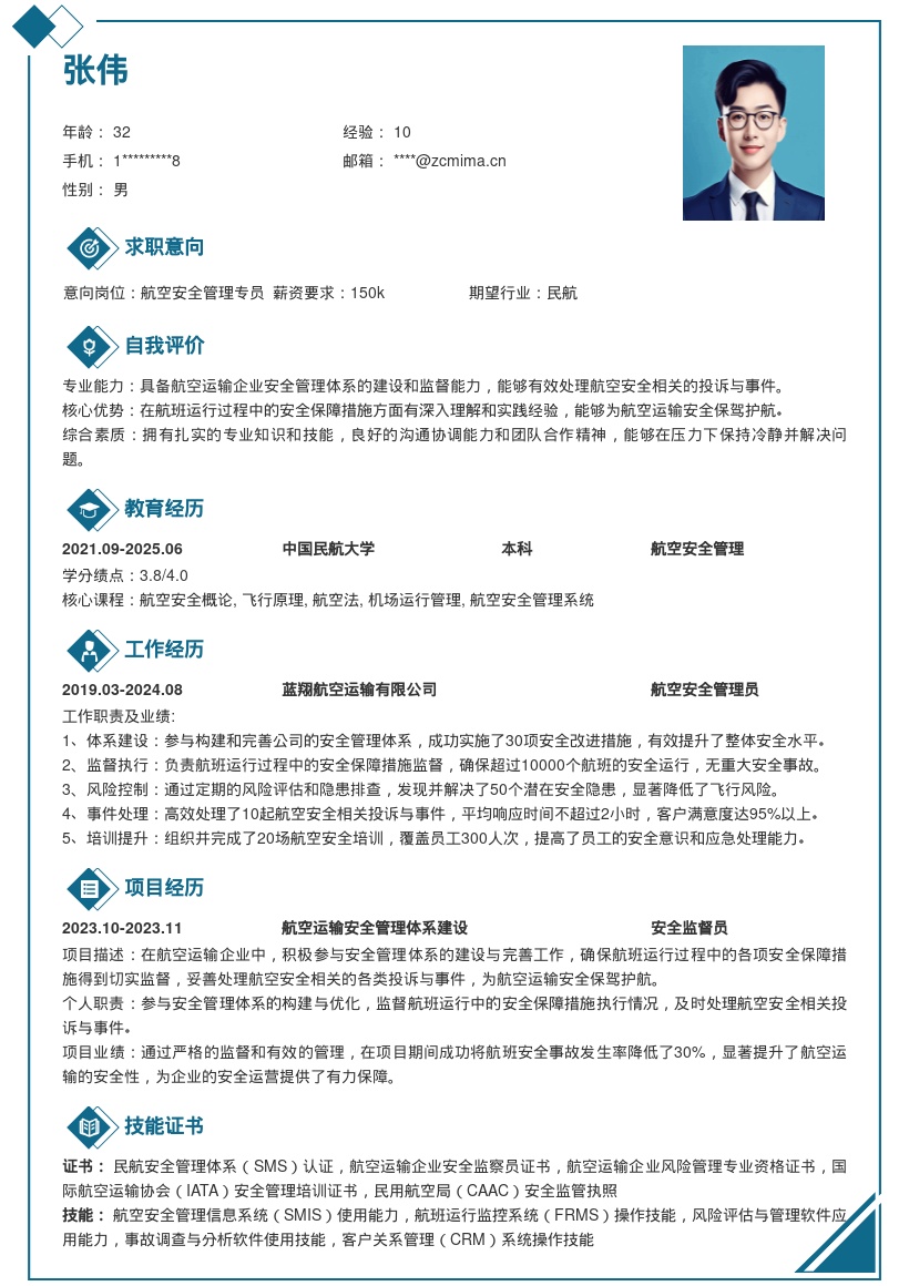 航空运输企业安全管理岗位简历模板