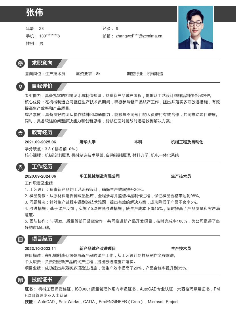 20多套生产技术员岗位简历模板合集word版