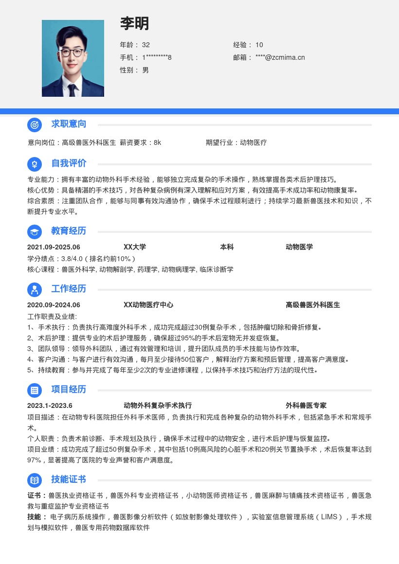动物专科医院外科兽医简历模板