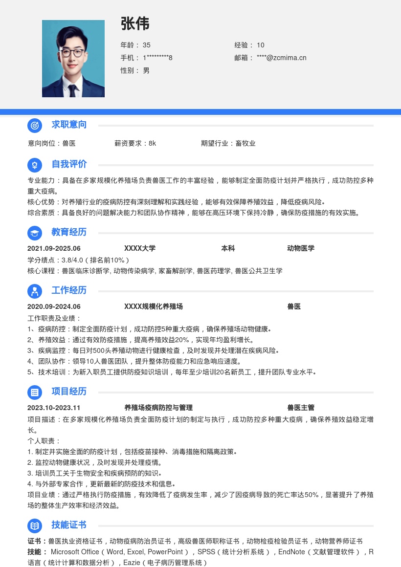 兽医岗位成功防控疫病保障效益简历模板