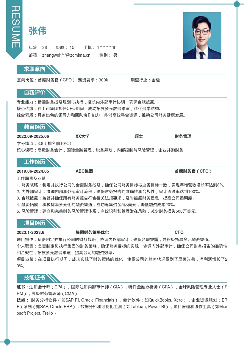 上市集团CFO制定执行战略融资简历模板