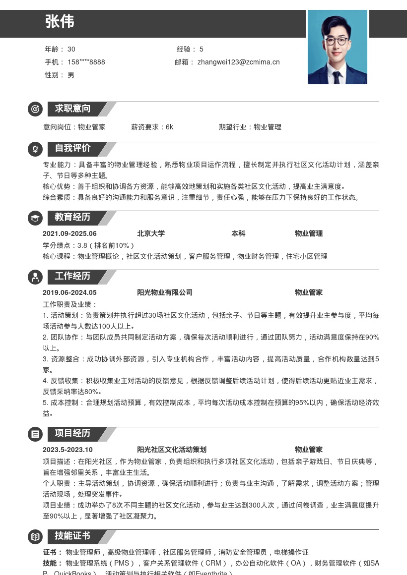 物业管家涵盖多主题活动简历模板