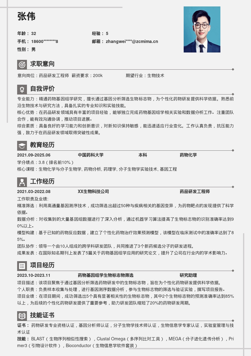 药品研发药物基因组学简历模板