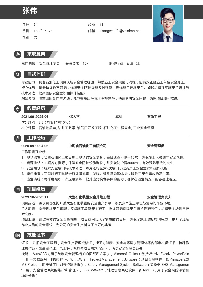 石油化工安全管理岗位简历模板分享