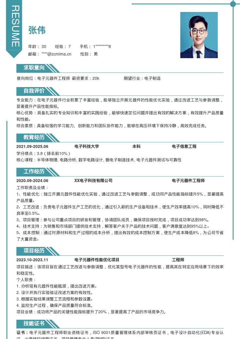 电子元器件工程师性能优化简历模板