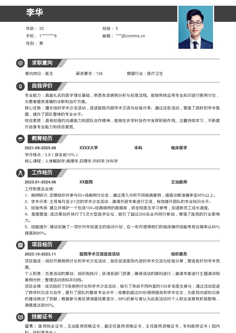 医生岗位助力学术交流病例讨论简历模板