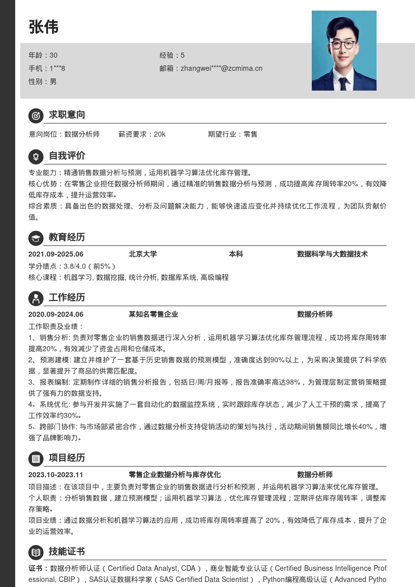 零售企业数据分析师销售库存简历模板