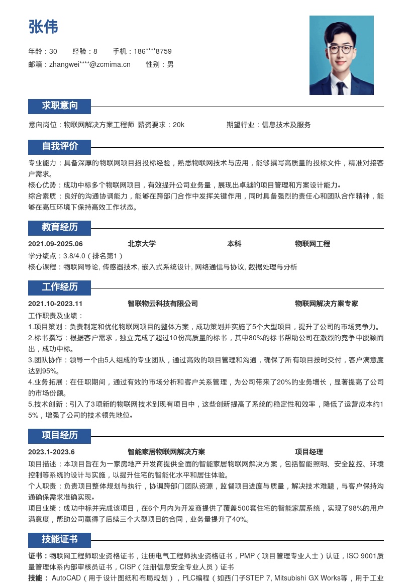 物联网招投标专员高质量简历模板